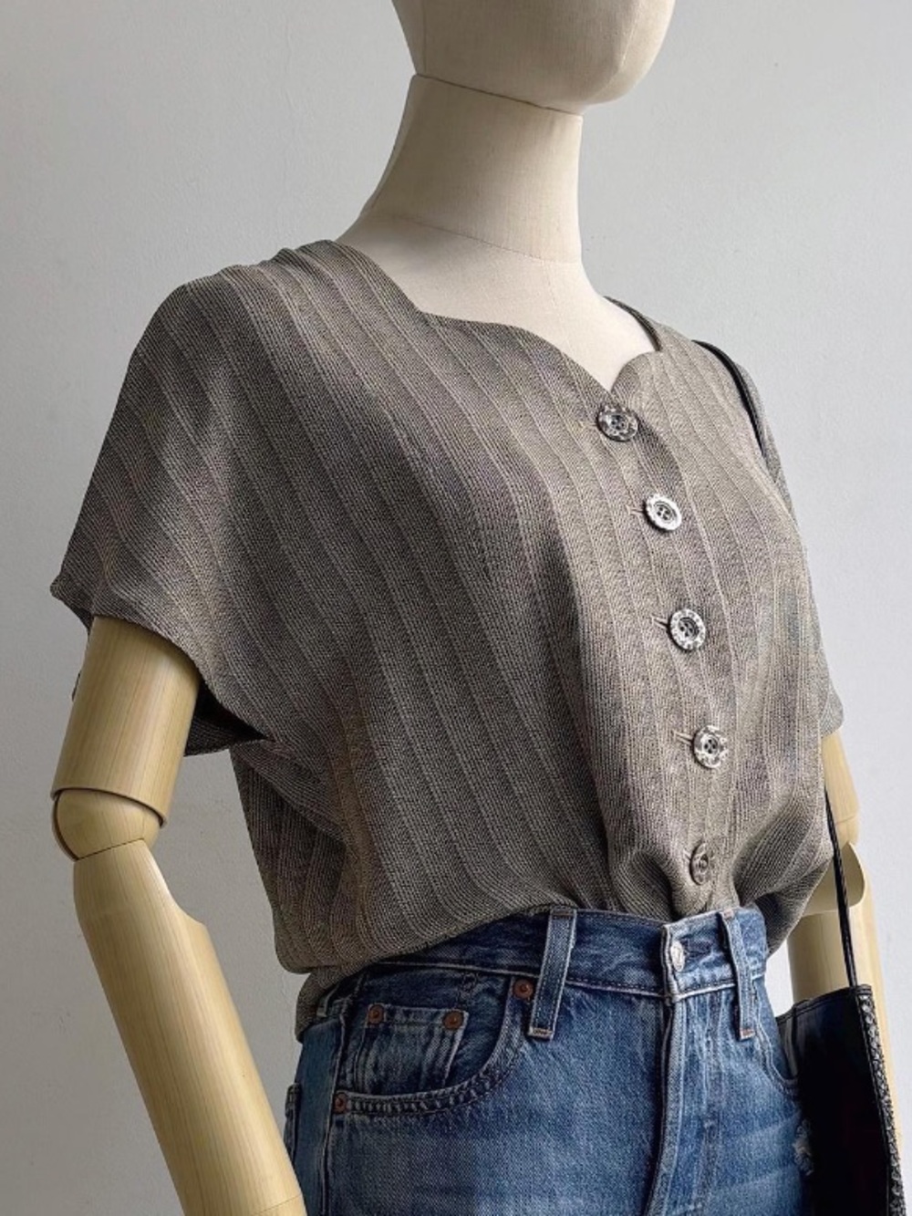 Vintage 80s Grey Striped Blouse, S/M Cropped Button Up